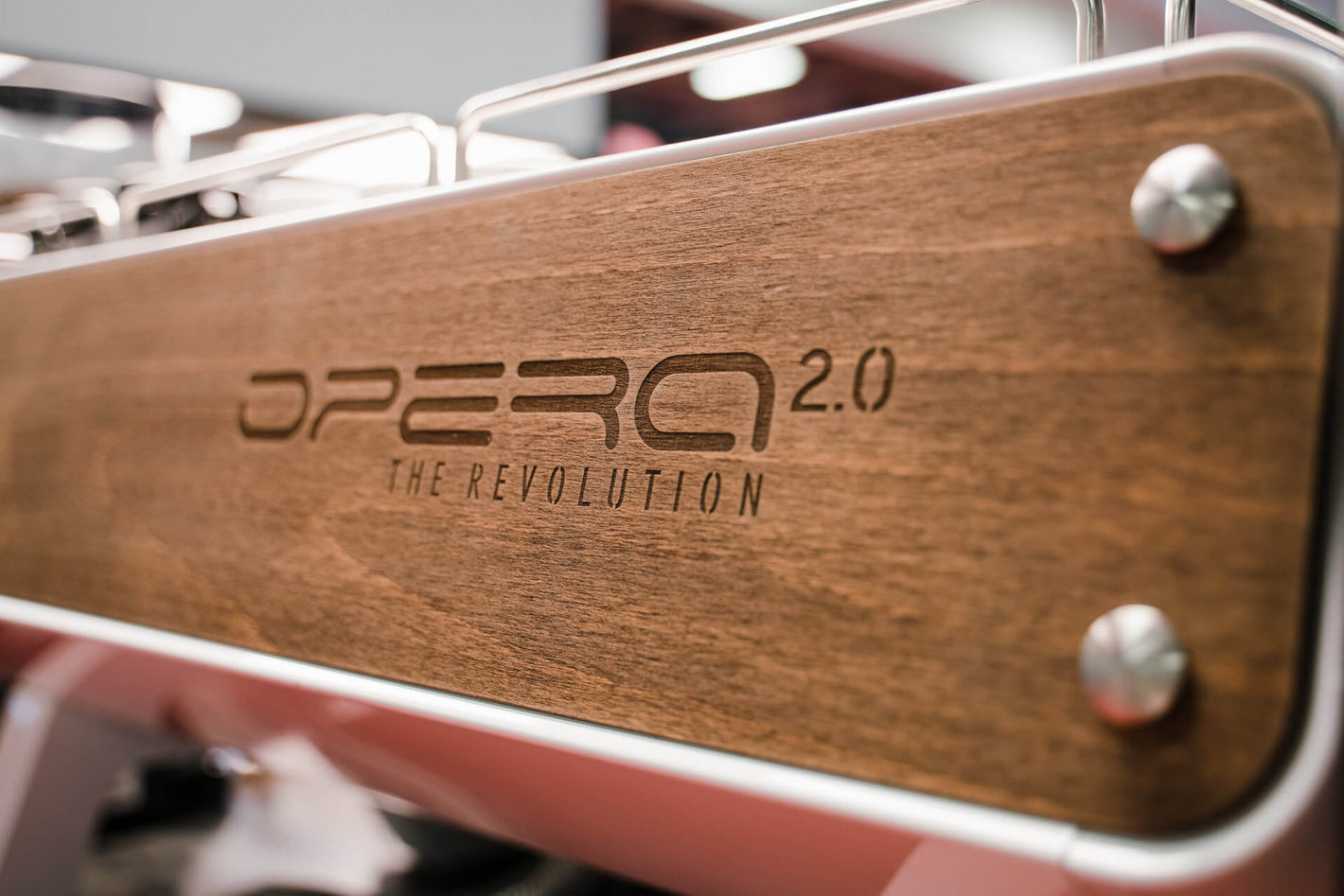 Close-up to the rear painted wood panel suiting the style of the Sanremo Opera commercial espresso machine in white - Back panel of each version can be customized, with finishes that meet all your needs and vision.