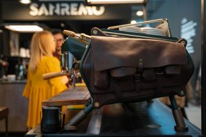 Sanremo Cafe Racer 3 groups Commercial Espresso Machine Renegate Edition, Handmade finishes such as Dark green, Oxidized copper, Brown leather, Polished brass, and Oxidized brass, side view