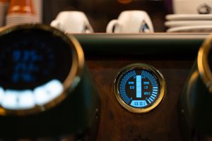 Sanremo Cafe Racer commercial coffee machine, close-up of the illuminated system digital display providing visibility of all working parameters