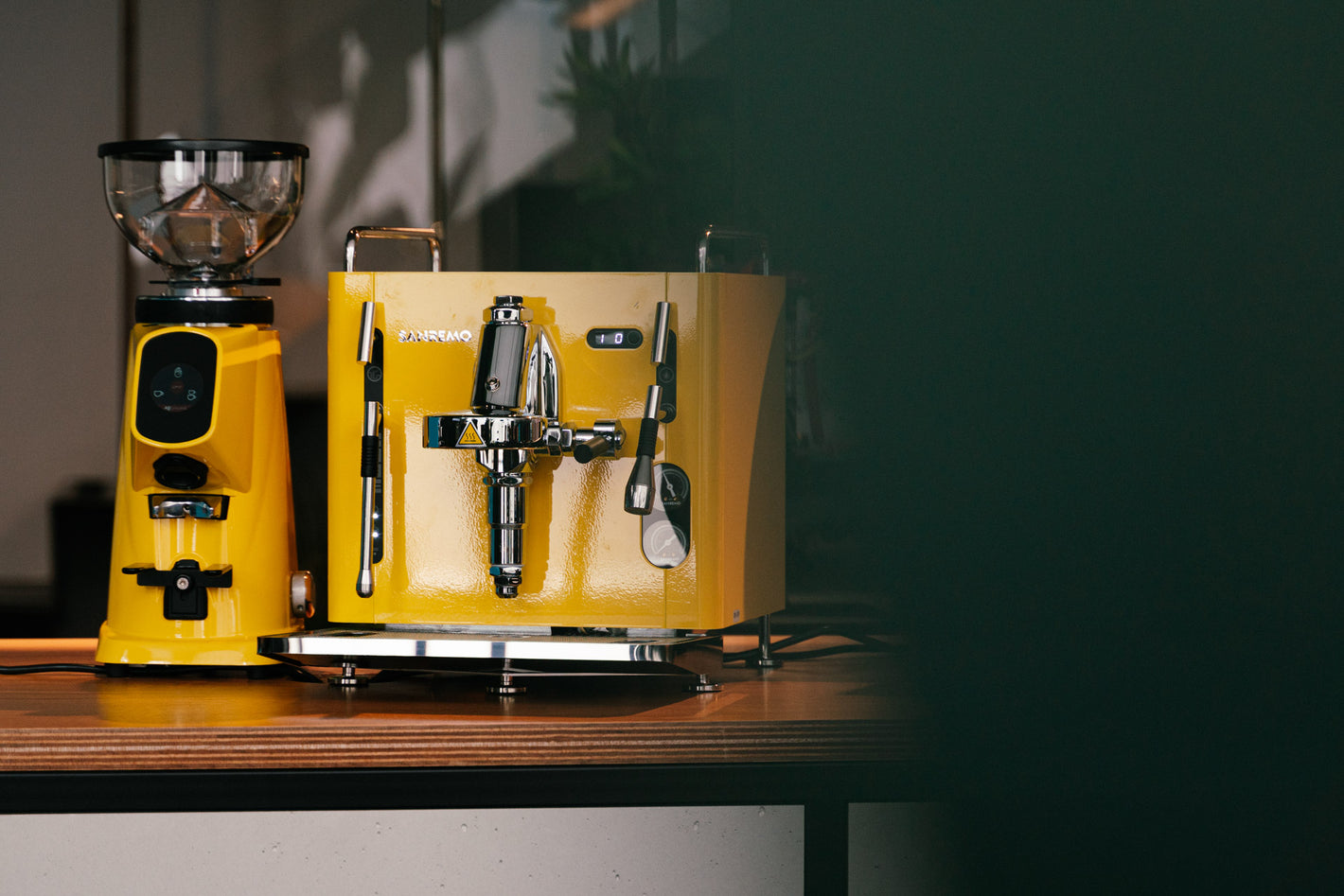 Sanremo CUBE espresso machine combined with Sanremo Allground Grinder in yellow for home baristas, 3/4 perspective view