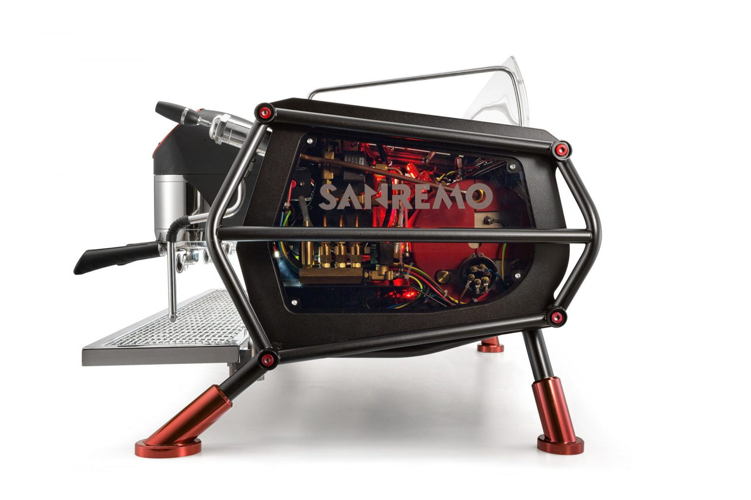 Sanremo Cafe Racer 3 groups Commercial Espresso Machine Naked Edition, in black with red accents, sideview