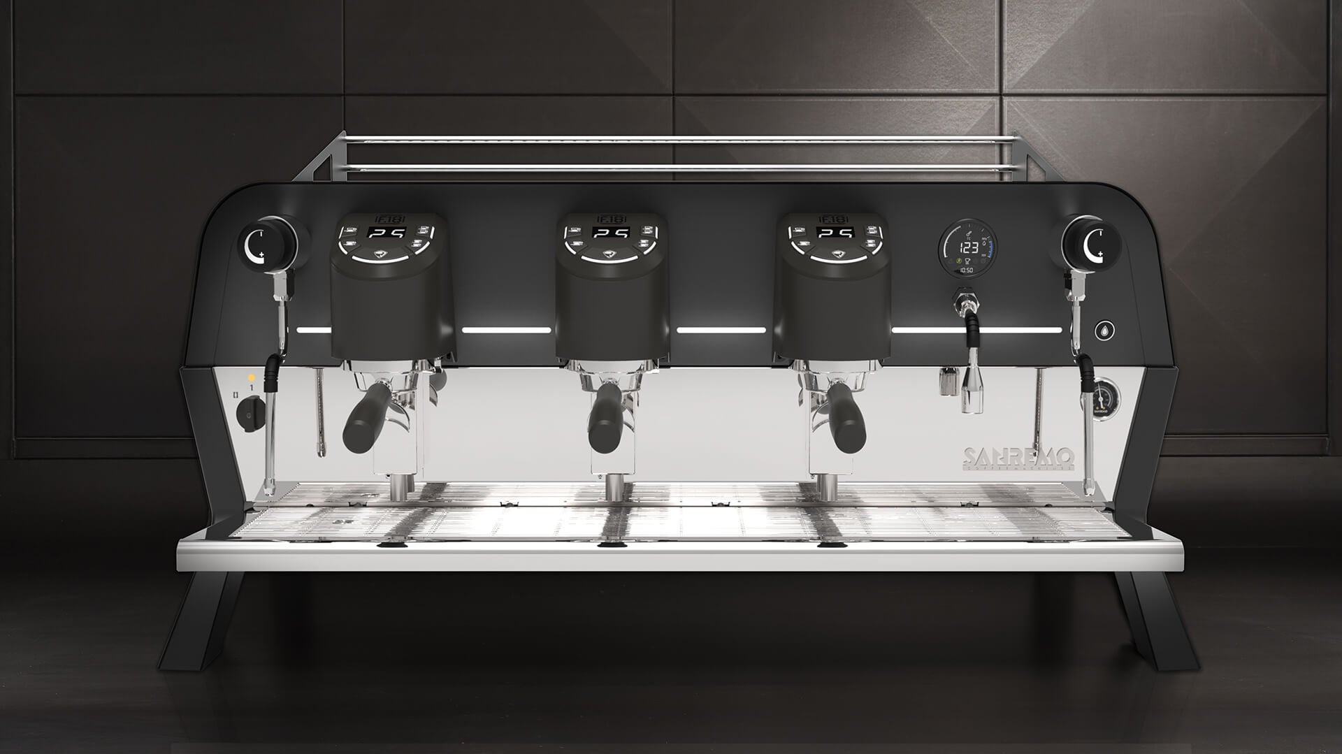 Sanremo F18 Single Boiler 3-group commercial espresso machine, group heads and illuminated LEDS in front view