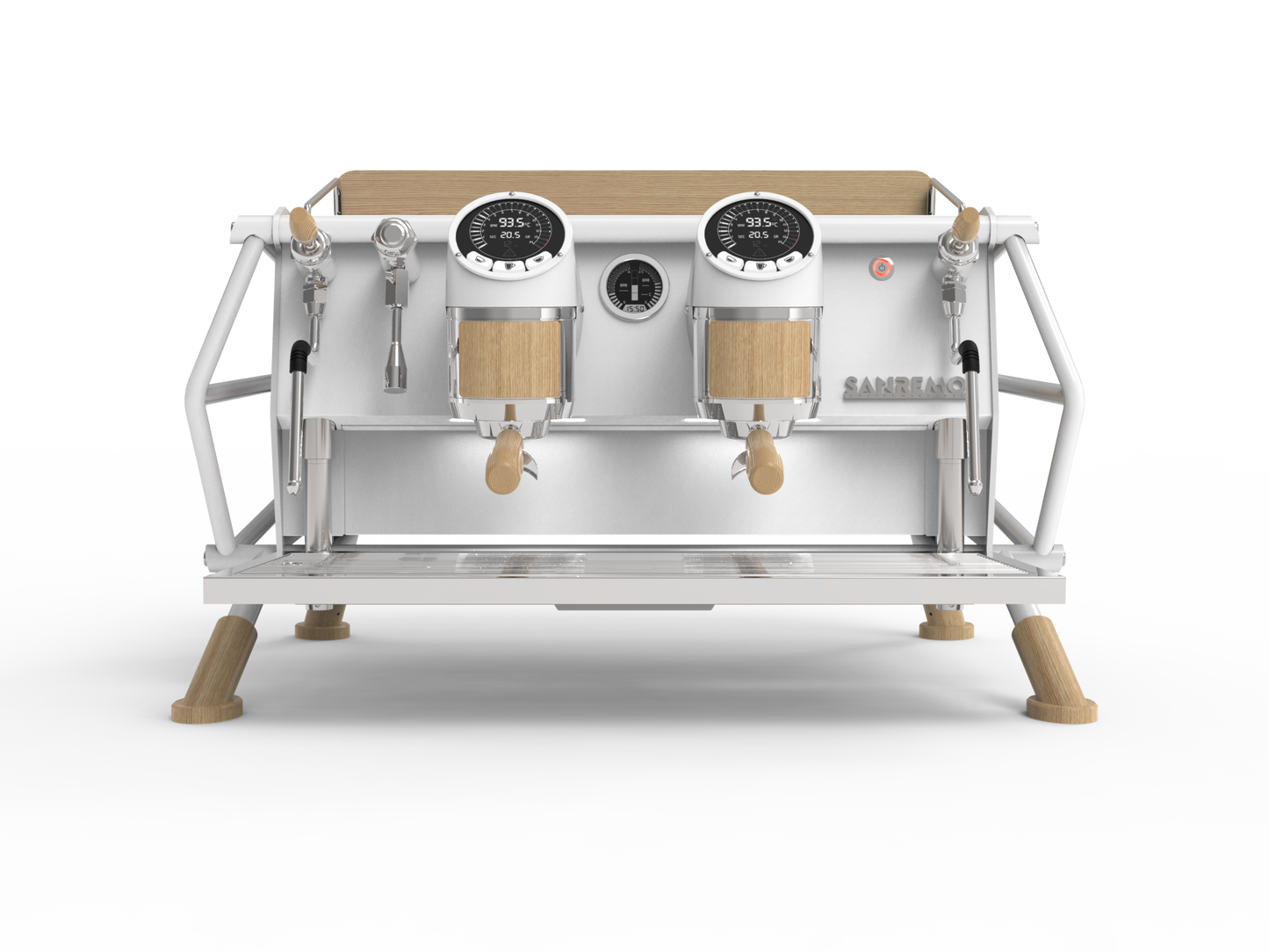 Sanremo Café Racer 2 Group espresso machine with white wood panels, front view