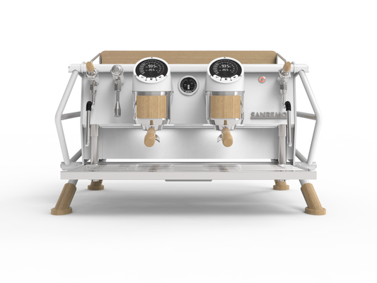 Sanremo Café Racer 2 Group espresso machine with white wood panels, front view