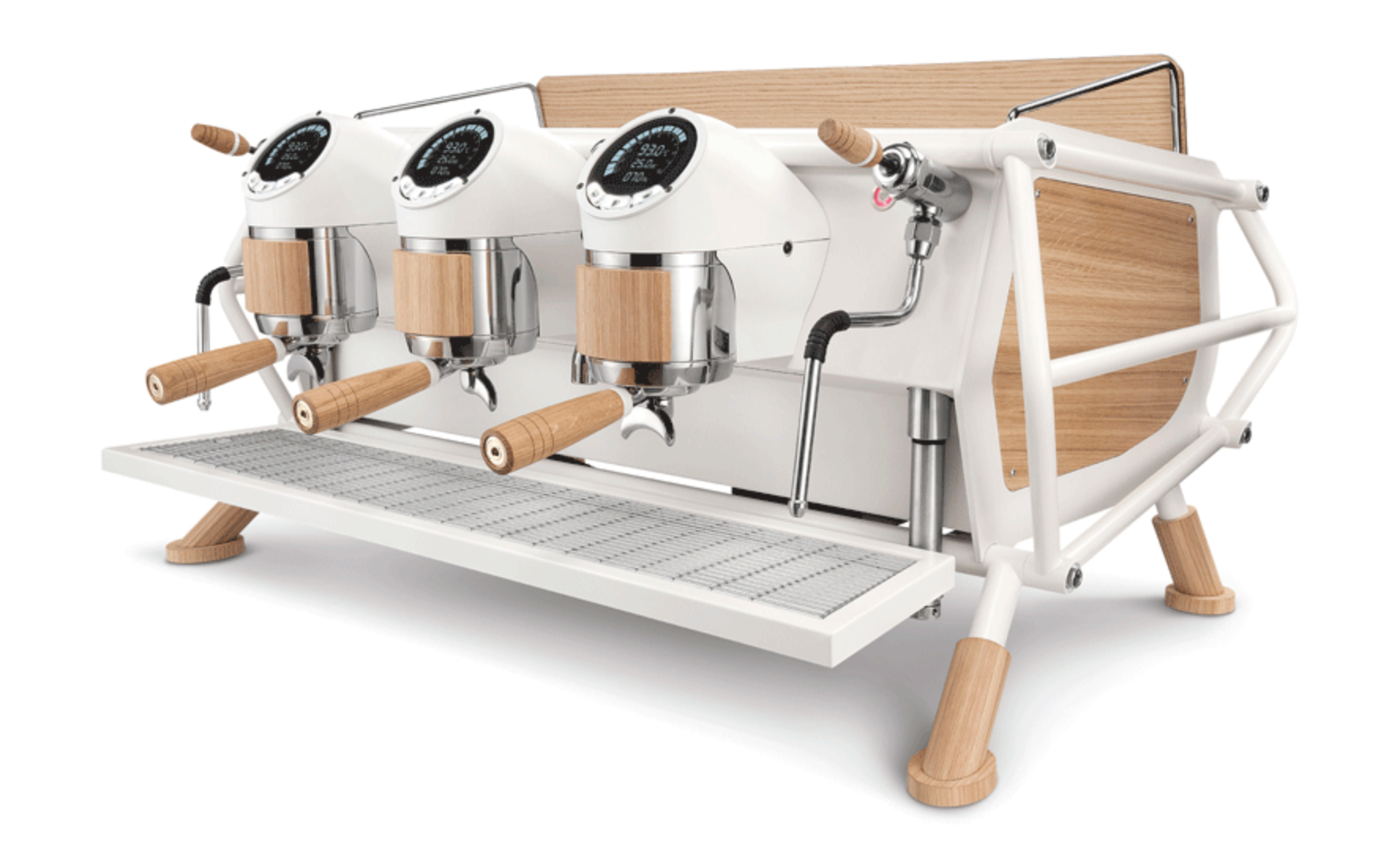 Sanremo Café Racer 3 Group espresso machine in white wood, angled 3/4 perspective