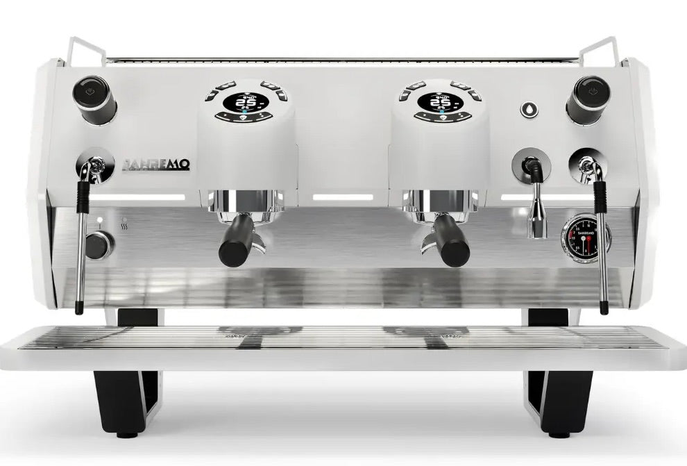 Sanremo D8 2 Group espresso machine in white, front view