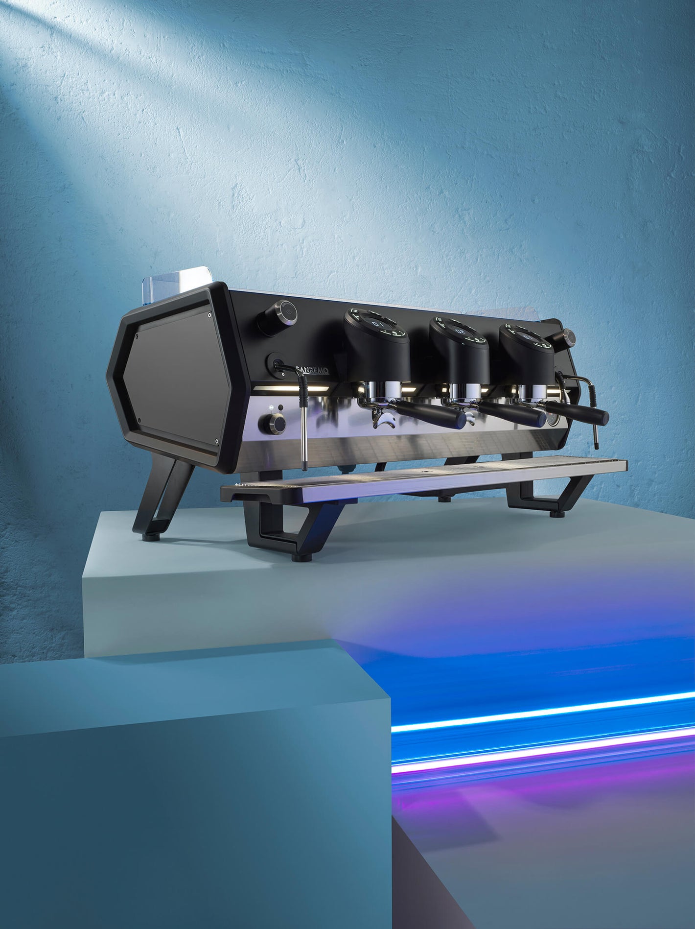 Sanremo D8 3 Group black espresso machine with neon and blue background