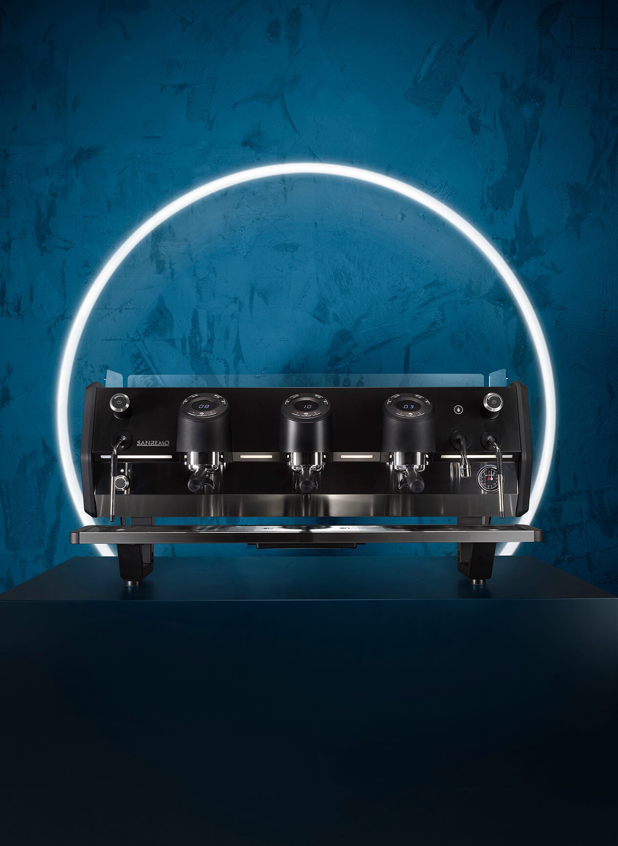 Sanremo D8 3 Group black espresso machine front view with blue neon circle