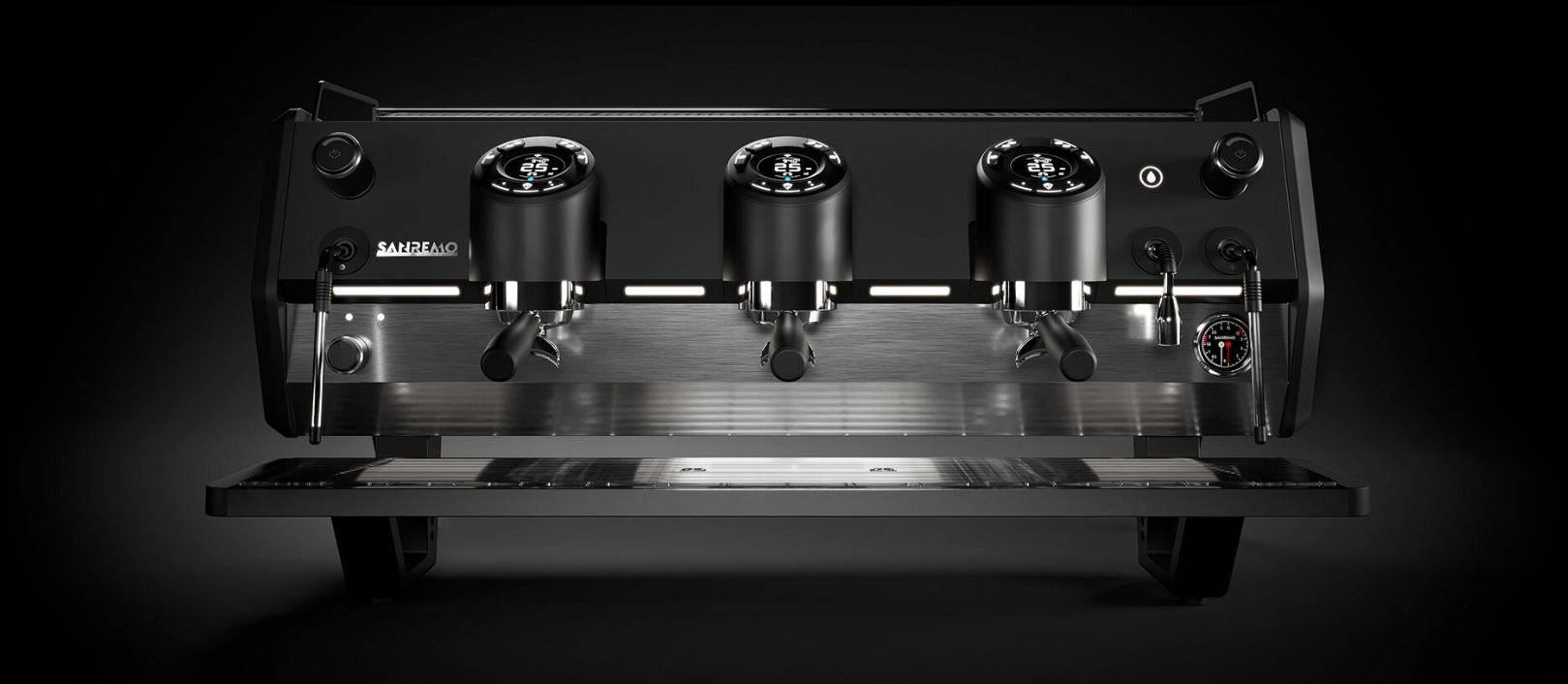 Sanremo D8 3 Group black espresso machine, front view with dark background