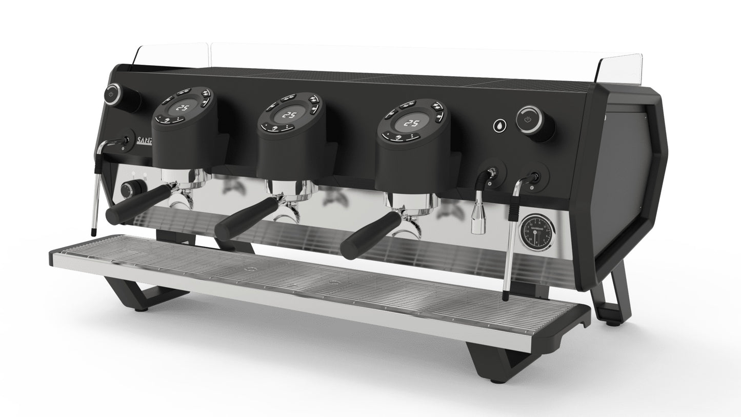 Sanremo D8 3 Group commercial espresso machine in full black, 3/4 front view