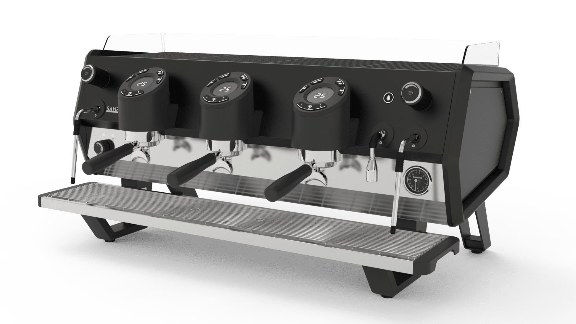 Sanremo D8 3 Group commercial espresso machine in full black, 3/4 front view