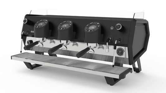Sanremo D8 3 Group commercial espresso machine in full black, 3/4 front view