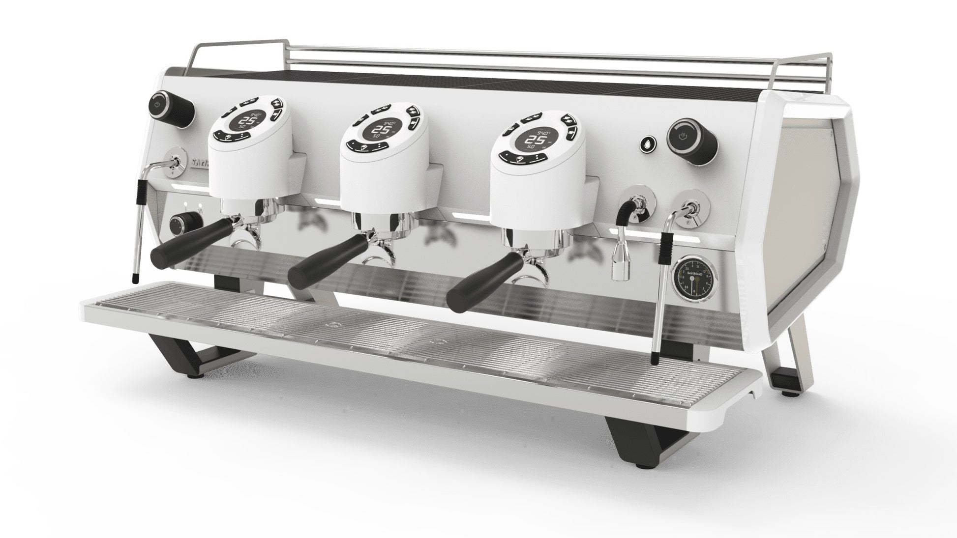 Sanremo D8 3 Group espresso machine in full white, 3/4 front view