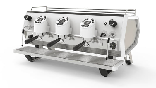 Sanremo D8 3 Group espresso machine in full white, 3/4 front view