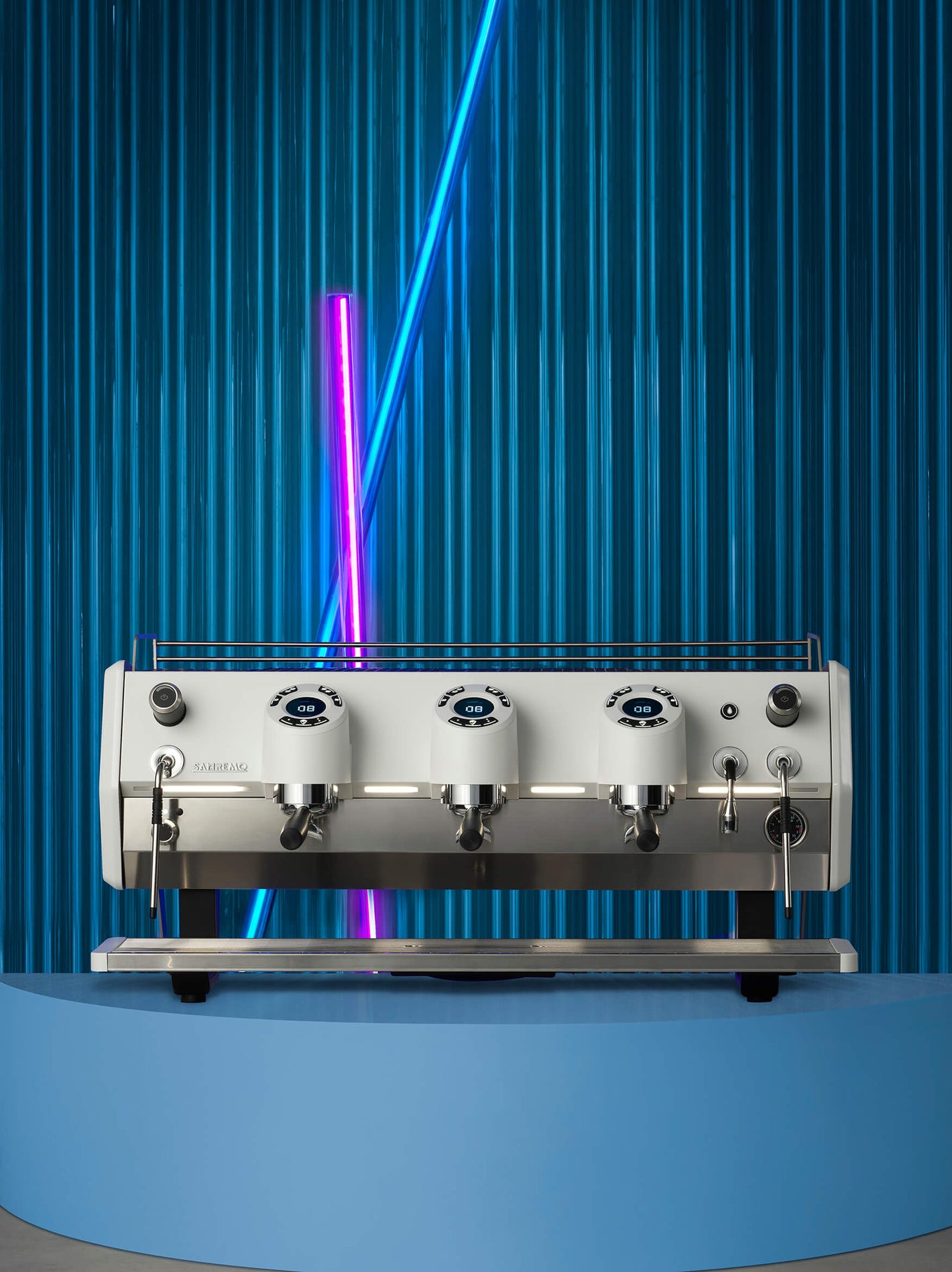 Sanremo D8 3 Group espresso machine with neon and blue visual background