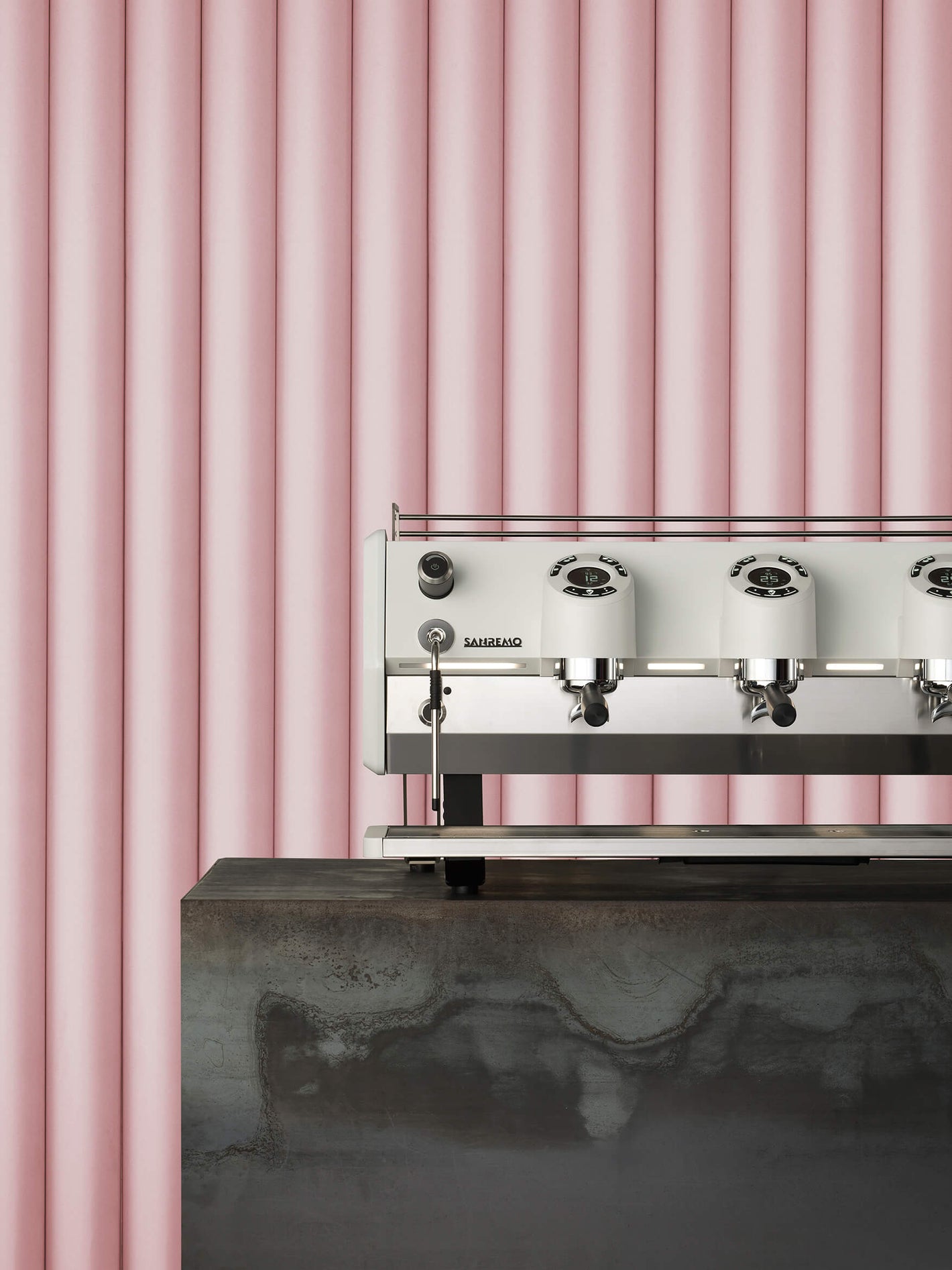 Sanremo D8 3 Group espresso machine with pink tubing and ambient lighting