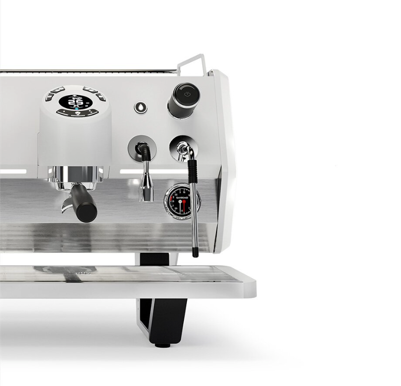 Sanremo D8 Pro white espresso machine close-up of group head and steam wand