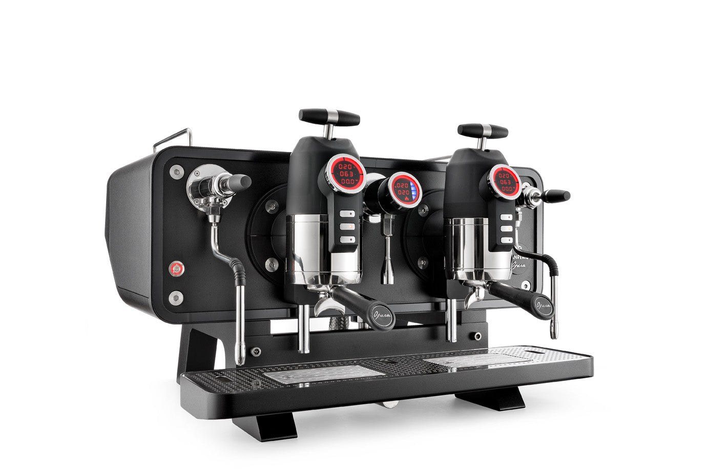 Sanremo Opera 2 Group black espresso machine, angled 3/4 front view