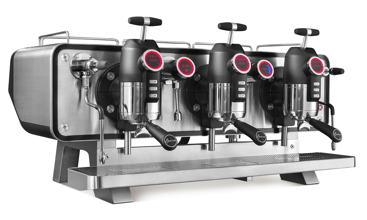 Sanremo Opera 3 Group commercial espresso machine in stainless steel, 3/4 front view