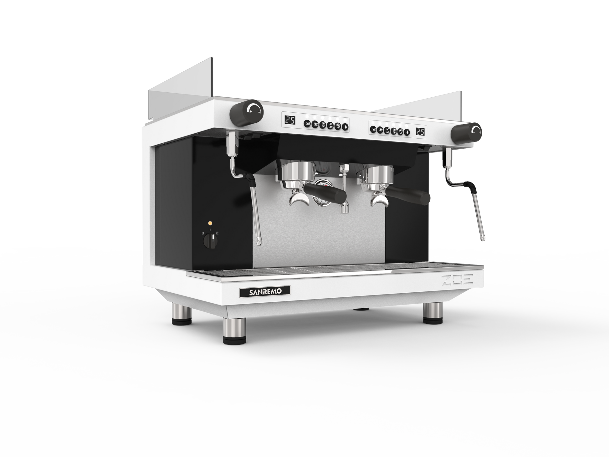 Sanremo Zoe 2 Group Tall Competition espresso machine in white, 3/4 angled front view