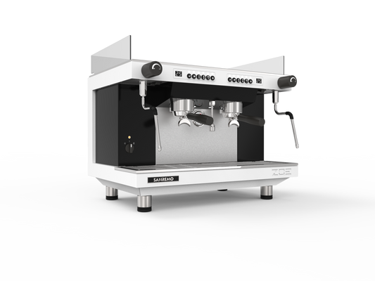 Sanremo Zoe 2 Group Tall Competition espresso machine in white, 3/4 angled front view