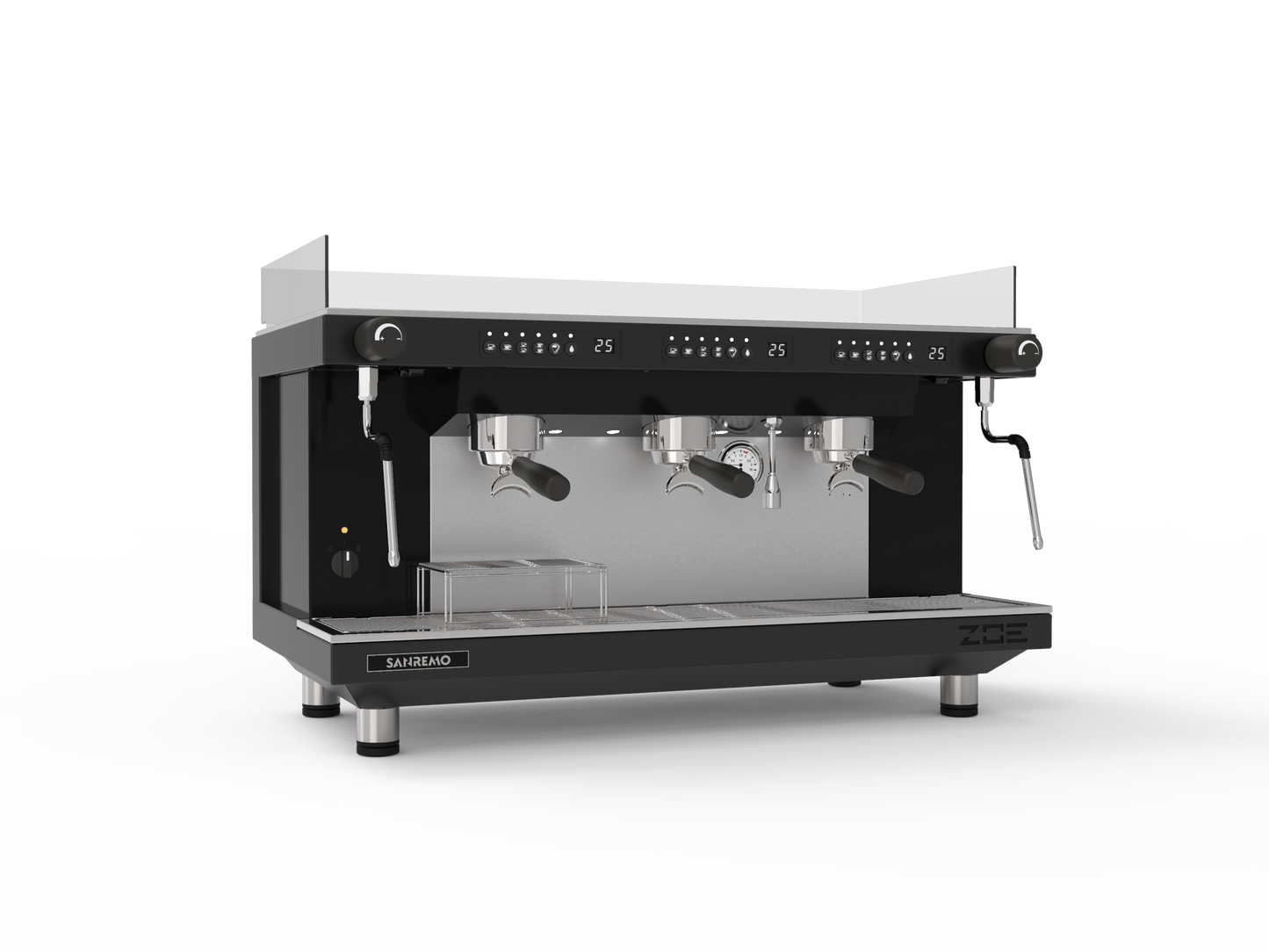 Sanremo Zoe 3 Group Tall Competition espresso machine in black, angled 3/4 perspective
