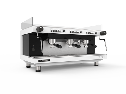 Sanremo Zoe 3 Group Competition espresso machine in white, angled 3/4 view