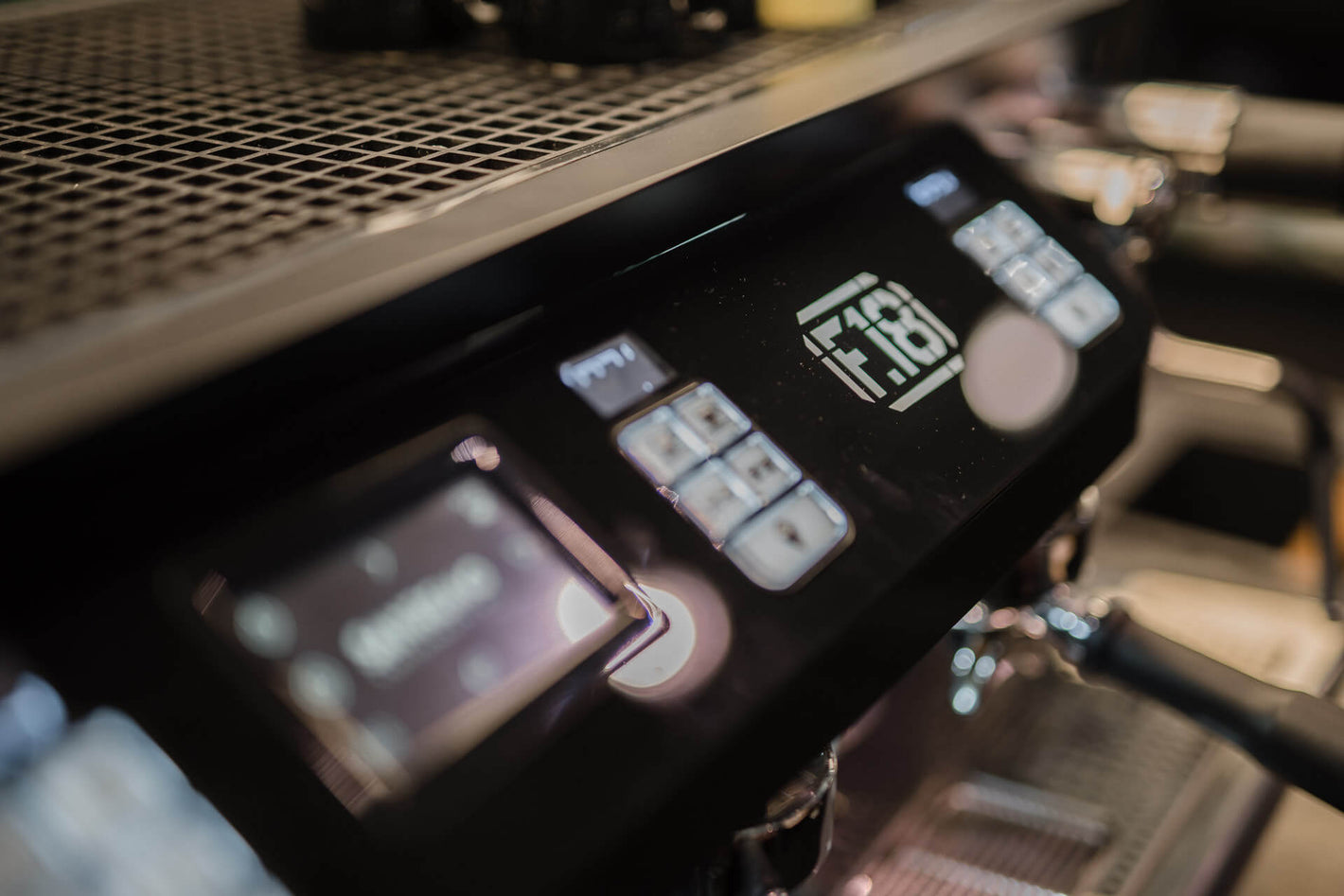 Sanremo F18 black commercial coffee machine close up to display at the Sanremo pop-up café booth