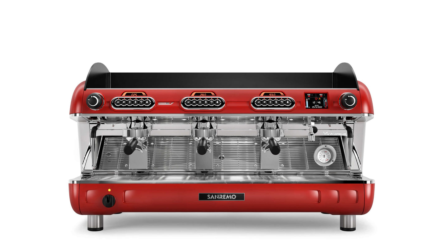 Sanremo Verona 3 groups red professional coffee espresso machine, front view