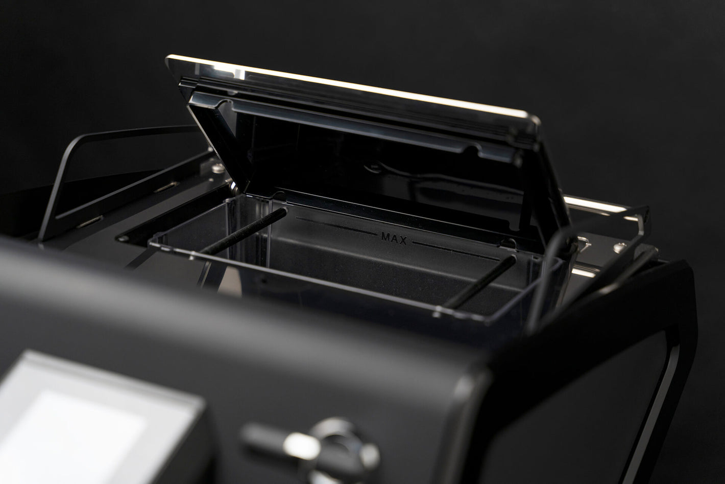 Close-up of te water tank on the Sanremo YOU espresso machine, ideal for passionate home brewers and small café owners