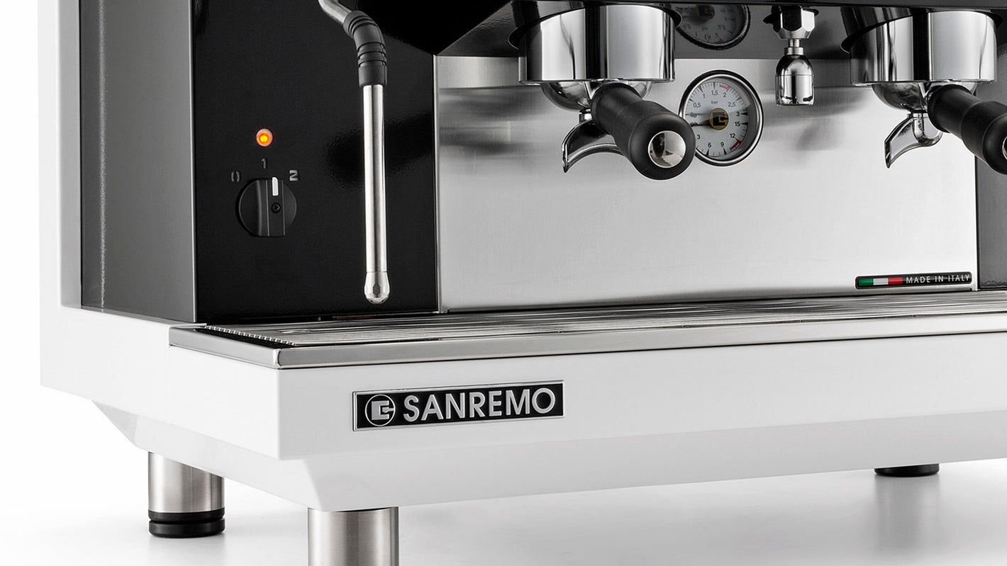 Sanremo Zoe 2 Group espresso machine in white close-up to logo and steam wand