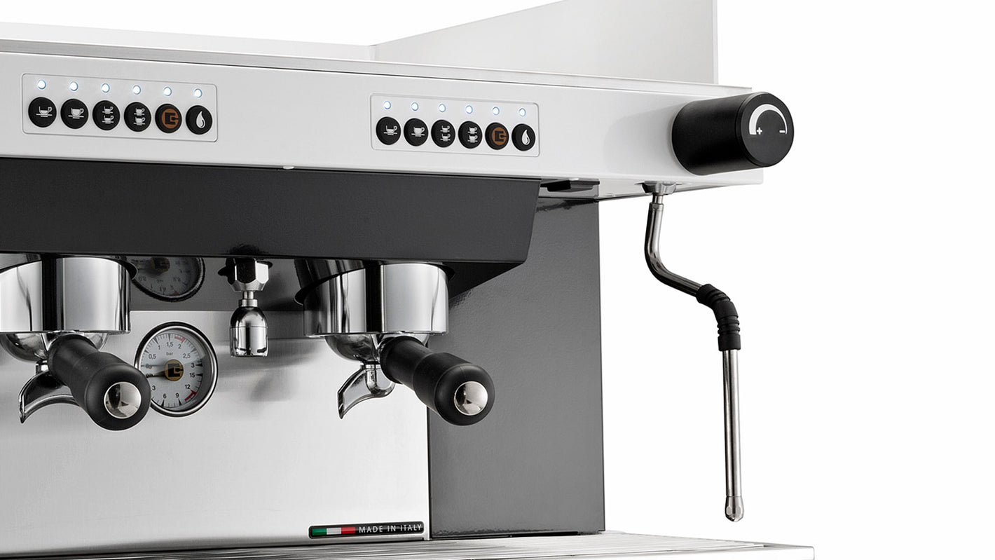 Sanremo Zoe 2 Group espresso machine in white close-up to group head and steam wand