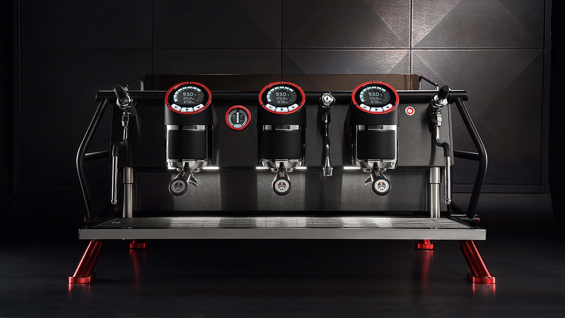 Sanremo Cafe Racer 3 groups Commercial Espresso Machine Naked Edition, in black with red accents, front view