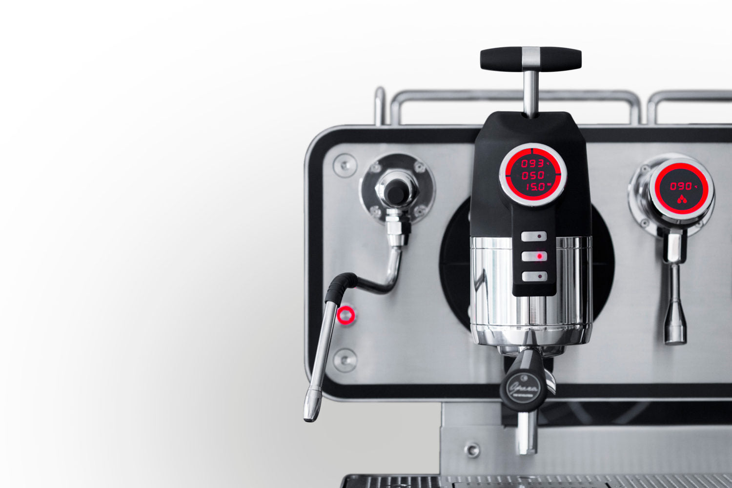 Close-up of the Sanremo Opera commercial coffee machine, steam wand and group head with illuminated displays
