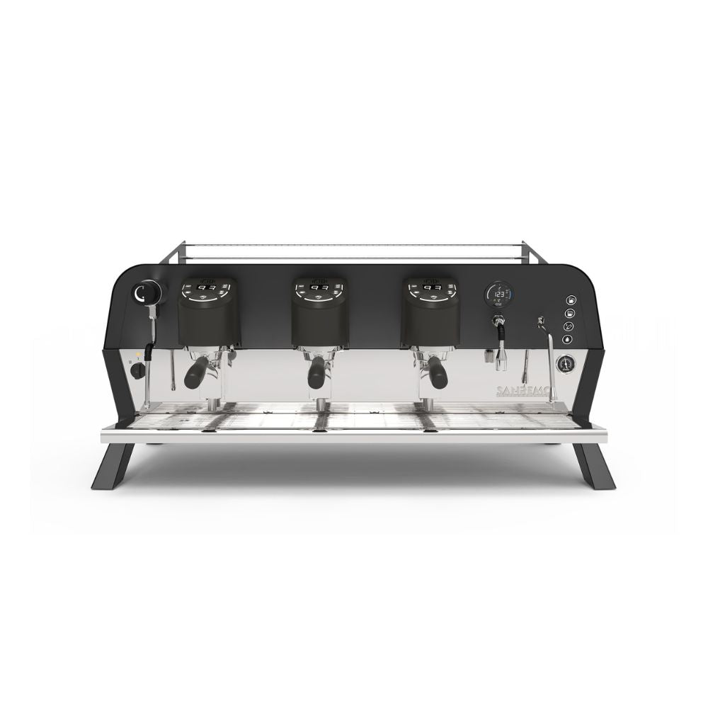 Sanremo F18 coffee espresso machine 3 groups in black, front view