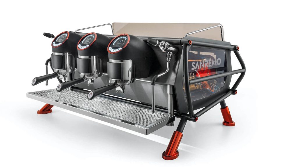 Sanremo Cafe Racer 3 groups Commercial Espresso Machine Naked Edition, in black with red accents, 3/4 view