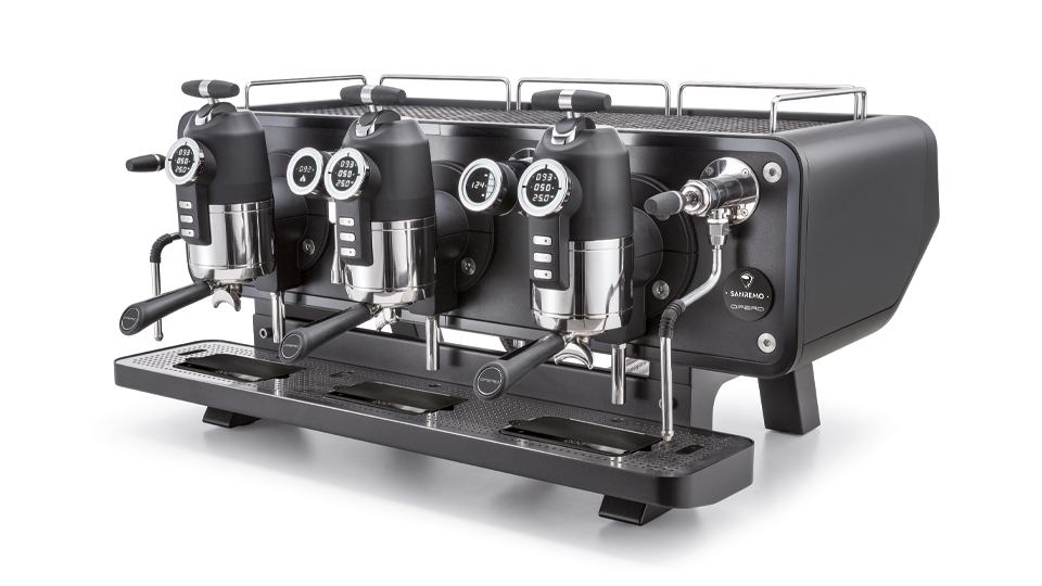 Sanremo Opera 2.0 espresso machine 3 groups in black, 3/4 view with white background