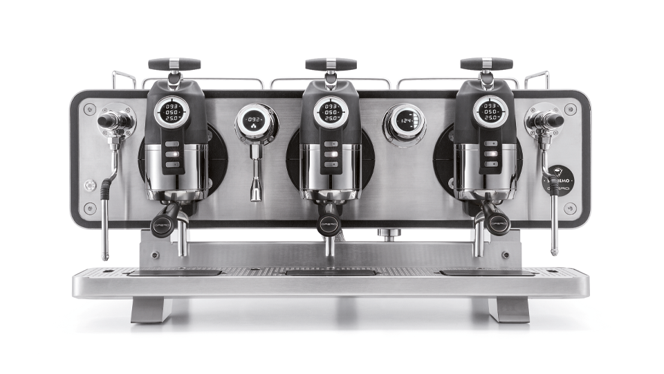 Sanremo Opera 2.0 espresso machine 3 groups in stainless steel model, front view with white background