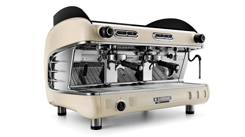 Sanremo Verona SAP 2 groups espresso coffee machine in beige, 3/4 view
