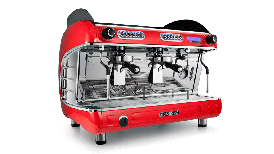 Sanremo Verona professional coffee espresso machine 2 groups tall SED in red 3/4 view