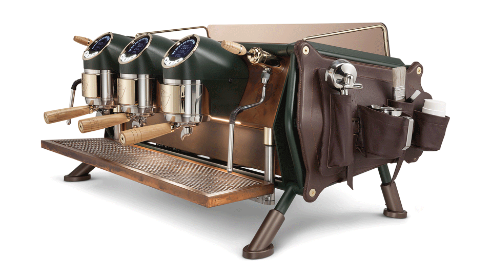 Sanremo Cafe Racer 3 groups Commercial Espresso Machine Renegate Edition, Handmade finishes such as Dark green, Oxidized copper, Brown leather, Polished brass, and Oxidized brass. Includes a hand-sewn brown leather side accessory holder.