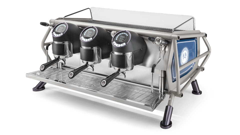 Sanremo Cafe Racer 3 groups Commercial Espresso Machine Freedom Edition, in gray and black with a blue coloured side panel, 3/4 view