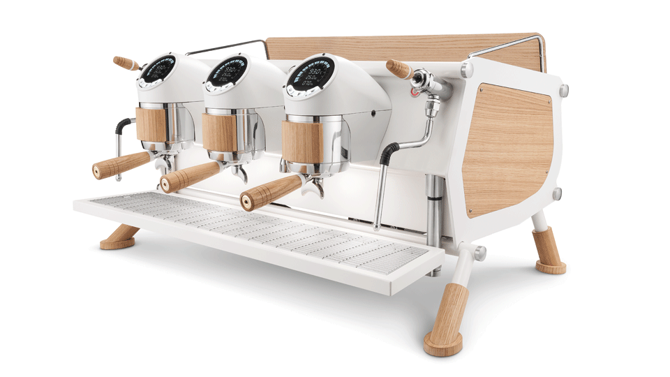 Sanremo Cafe Racer 3 groups Commercial Espresso Machine White Wood Slim Edition, Matt white and natural oak, 3/4 view