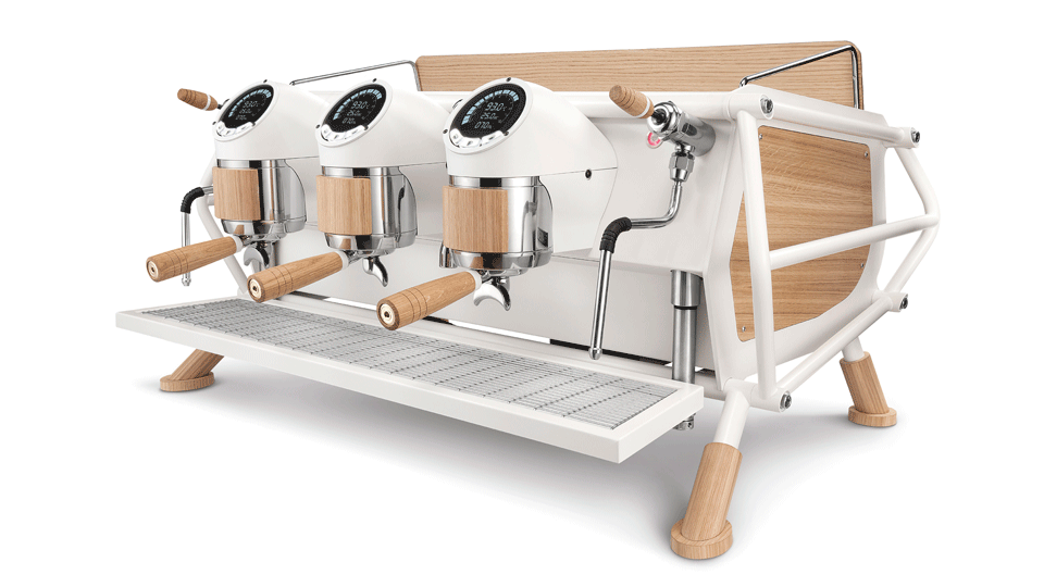 Sanremo Cafe Racer 3 groups Commercial Espresso Machine White Wood Standard Edition, Matt white and natural oak, 3/4 view